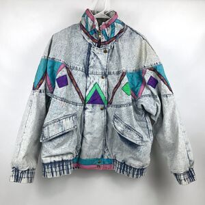 VTG Learsi Womens L Puffy Acid Wash Denim Bomber Jacket Geometric 80s 90s Retro